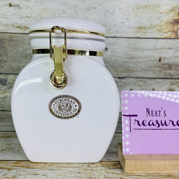 European Coffeehouse Other - Vintage EUROPEAN COFFEEHOUSE White Gold Letters Ceramic Airtight 8.5"T Canister